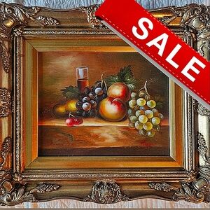 Renoir-Baroque-style Fruit Oil? Painting, Signed, Ornate Golden Frame 15.5”x 14"